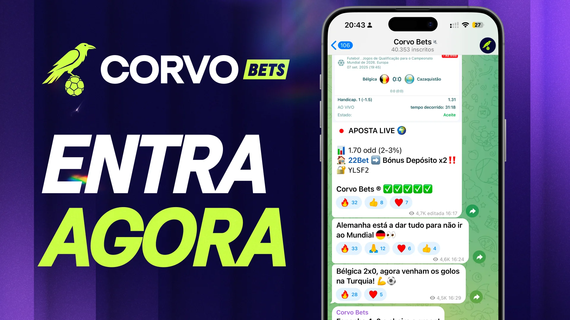 Junta-te ao canal Telegram da Corvo Bets - 40.353 inscritos
